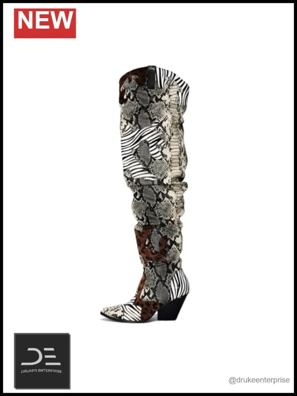 Thigh High Cowboy Boots Faux Snakeskin Chunky Heel